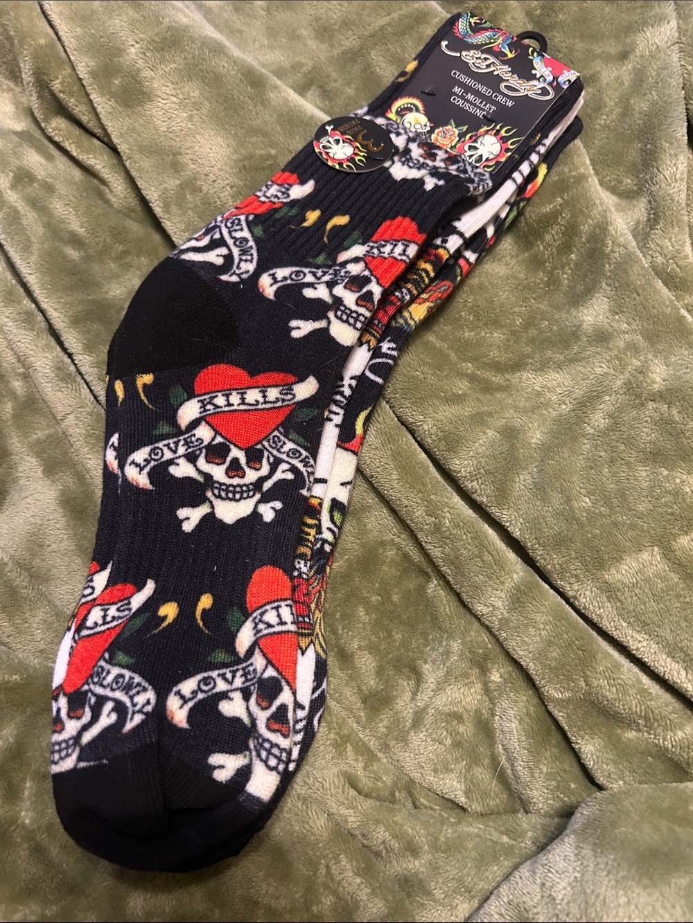 Ed Hardy Black Crew Socks with Red Heart & Skull Tattoo Motif 3Pack